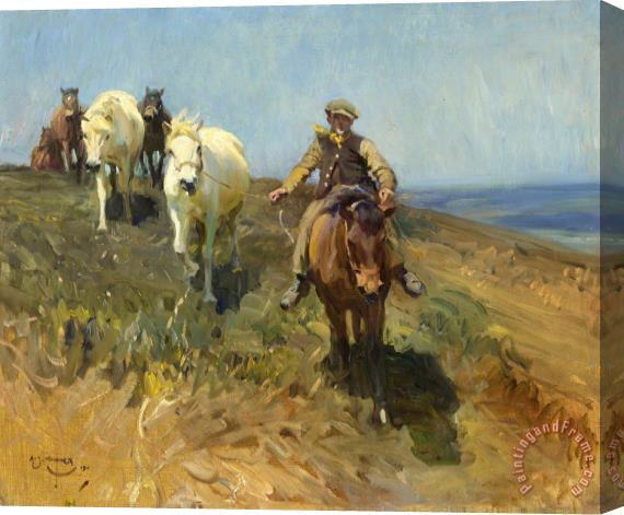 Sir Alfred James Munnings Shrimp Leading Ponies Across The Ringland Hills, Norfolk Stretched Canvas Painting / Canvas Art