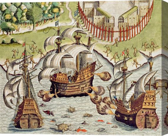 Theodore de Bry Naval Battle between the Portuguese and French in the Seas off the Potiguaran Territories Stretched Canvas Print / Canvas Art