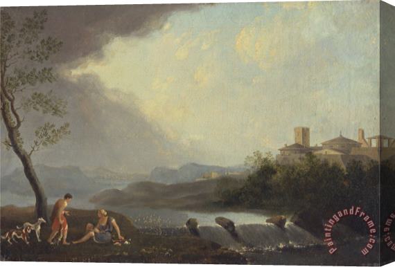 Thomas Jones An Imaginary Italianate Landscape with Classical Figures And a Waterfall Stretched Canvas Print / Canvas Art