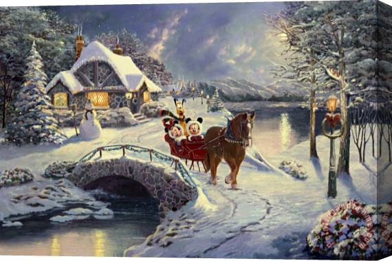 Thomas Kinkade Mickey And Minnie Evening Sleigh Ride Stretched Canvas Painting / Canvas Art