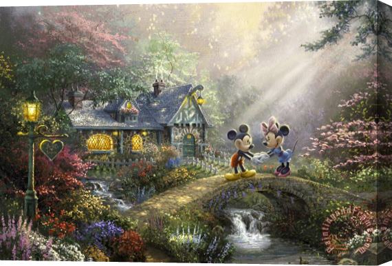 Thomas Kinkade Mickey & Minnie Sweetheart Bridge Stretched Canvas Painting / Canvas Art