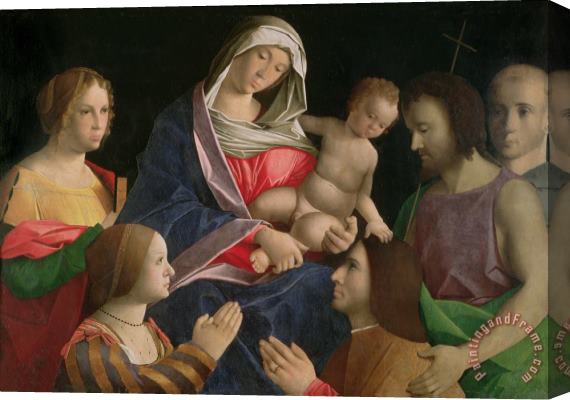 Vincenzo di Biagio Catena Madonna and Child with Saint John the Baptist Two Saints and Donors Stretched Canvas Print / Canvas Art