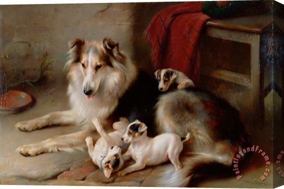 Walter Hunt A Collie with Fox Terrier Puppies Stretched Canvas Print / Canvas Art