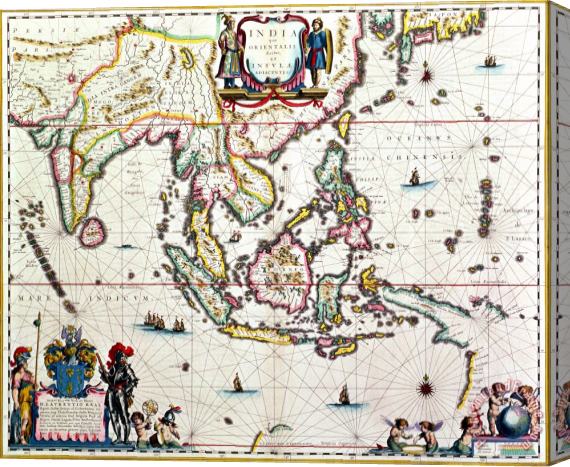Willem Blaeu Antique map showing Southeast Asia and The East Indies Stretched Canvas Print / Canvas Art