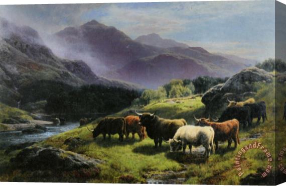 William Watson Highland Cattle Grazing by a Mountain Stream Stretched Canvas Painting / Canvas Art