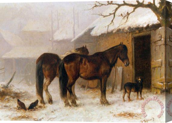 Wouterus Verschuur Jr Horses in a Snow Covered Farm Yard Stretched Canvas Painting / Canvas Art