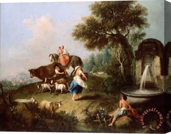Zuccarelli, Francesco Landscape with a Fountain, Figures And Animals Stretched Canvas Painting / Canvas Art